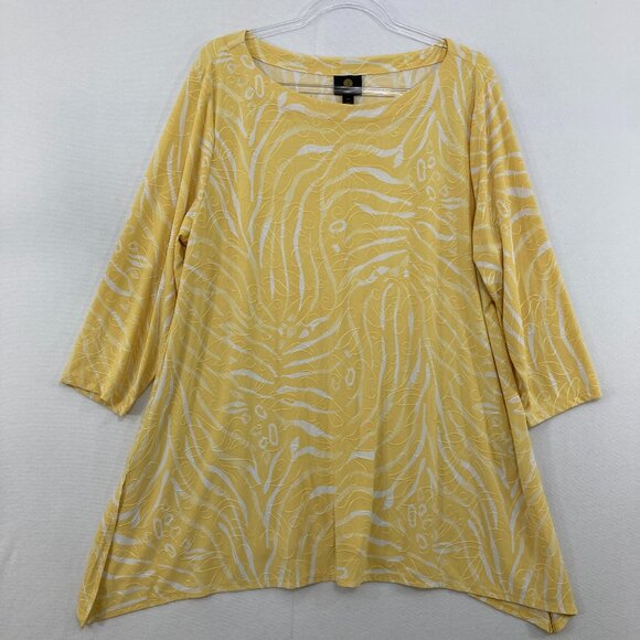 JM Collection size XXL Yellow Abstract Pattern 3/4 Sleeve Stretch Relax Blouse - Picture 1 of 9